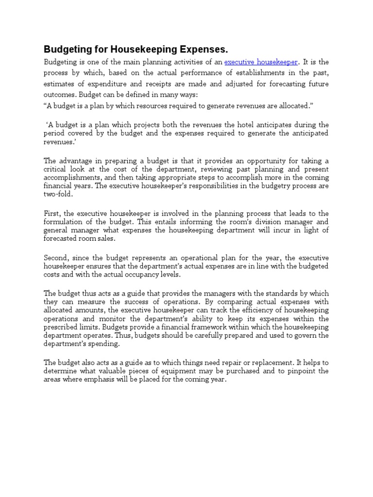 Budgeting for Housekeeping Expenses Budget Expense