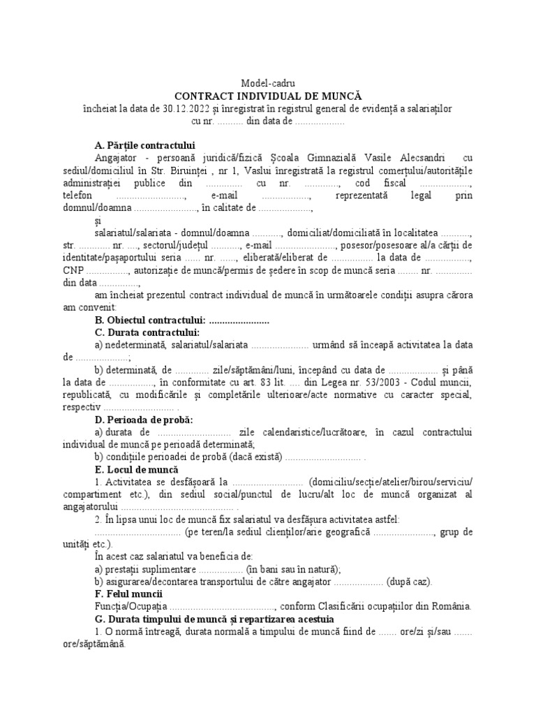 Anexa - CONTRACT INDIVIDUAL DE MUNCA | PDF