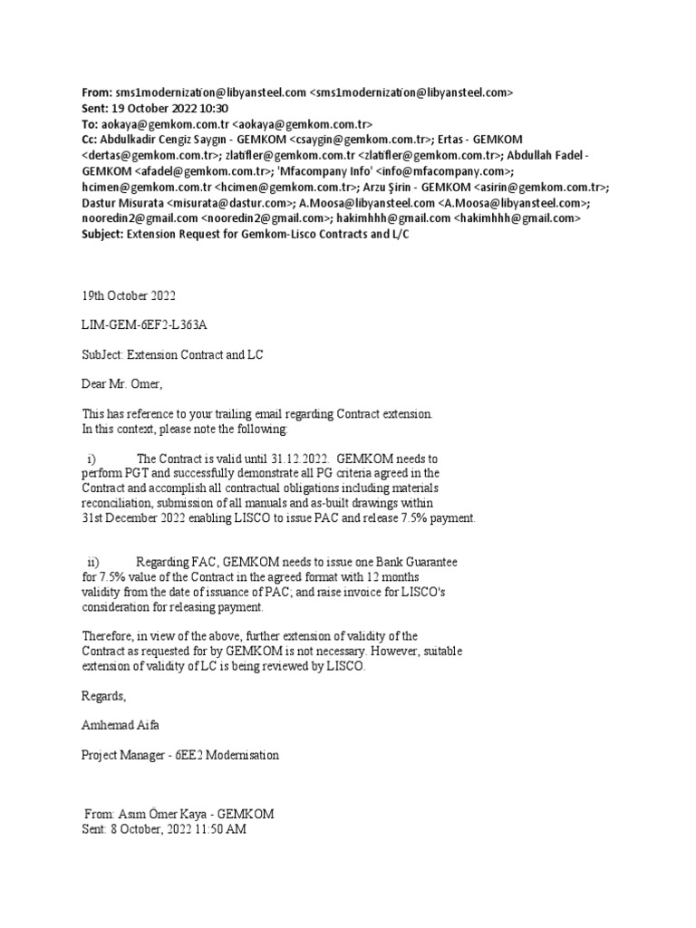 Gemkom Lisco Contract Extension Update Pdf Business Private Law 