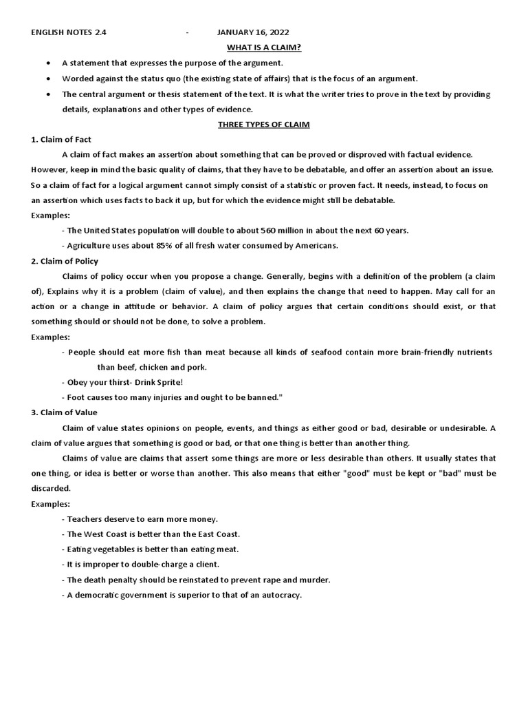 English Notes 2.4 - Claim | PDF | Evidence | Argument