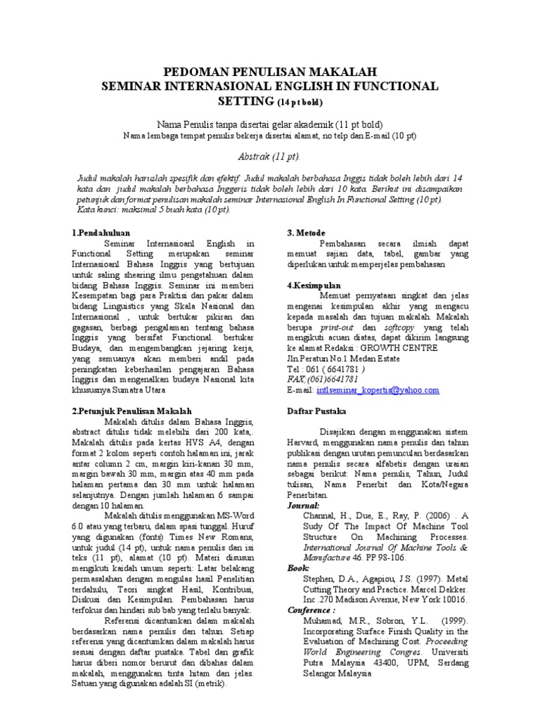 Pedoman Penulisan Makalah Seminar Internasional English In Functional Setting
