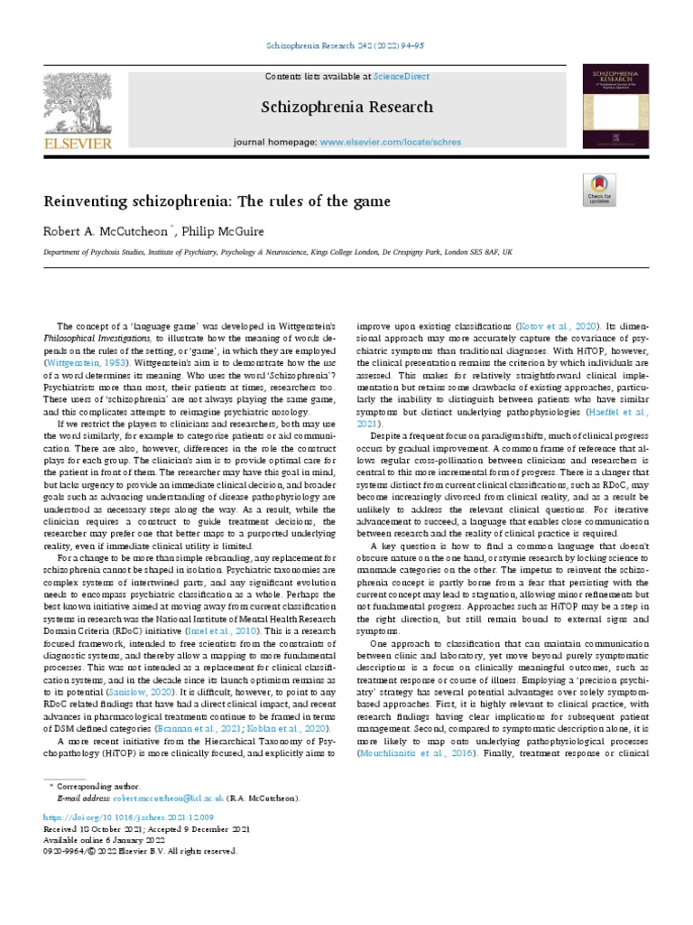 Reinventing Schizophrenia The Rules of The Game PDF Schizophrenia Psychiatry