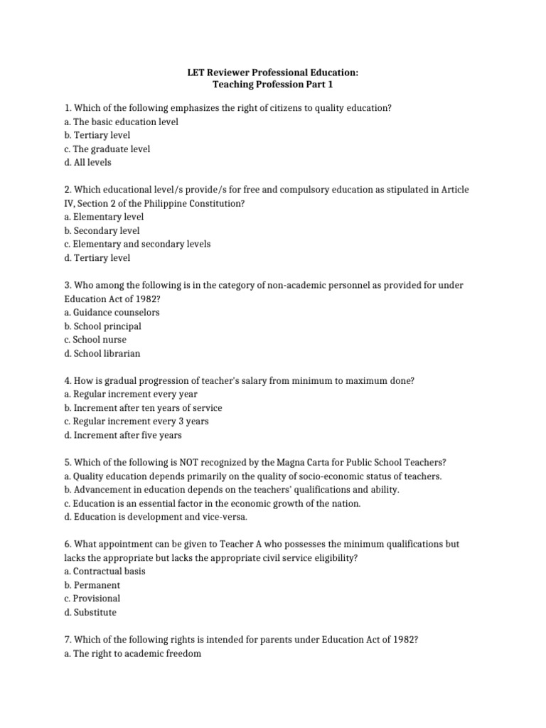 LET Reviewer for Teaching Profession Exam | PDF | Teachers | Schools