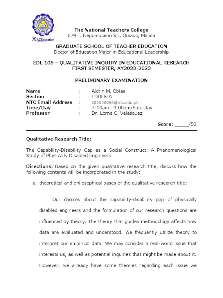 Preliminary Examination Edl 105 Qualitative Inquiry in Educational