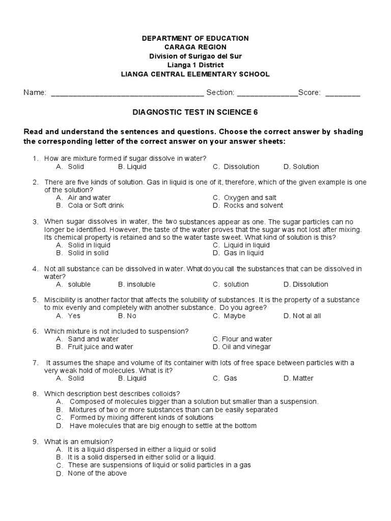 Diagnostic SCIENCE 6 IDD | Descargar gratis PDF | Mixture | Liquids