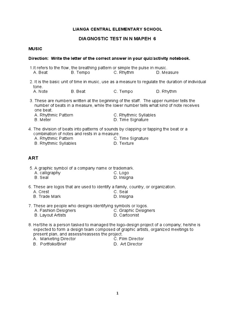 Diagnostic Test MAPEH 6 IDD | PDF | Rhythm | Physical Fitness
