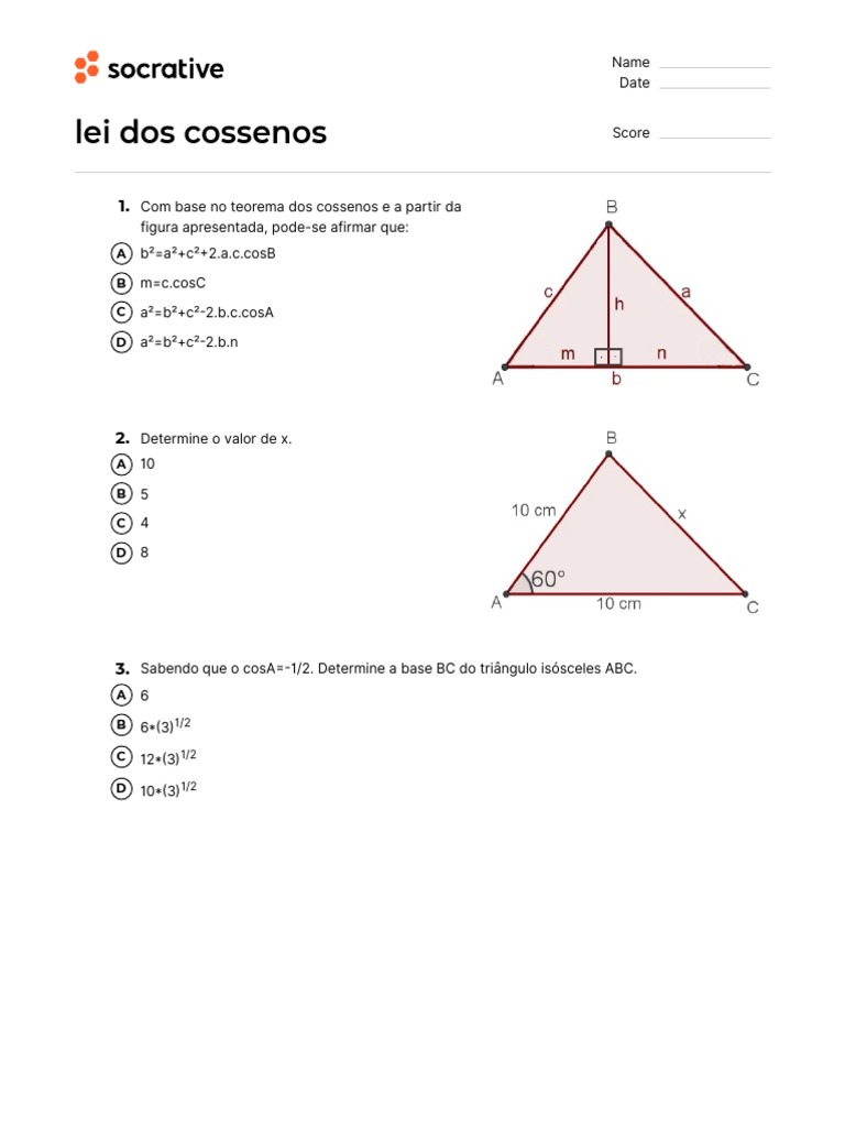 Exercícios sobre Lei dos Cossenos | PDF