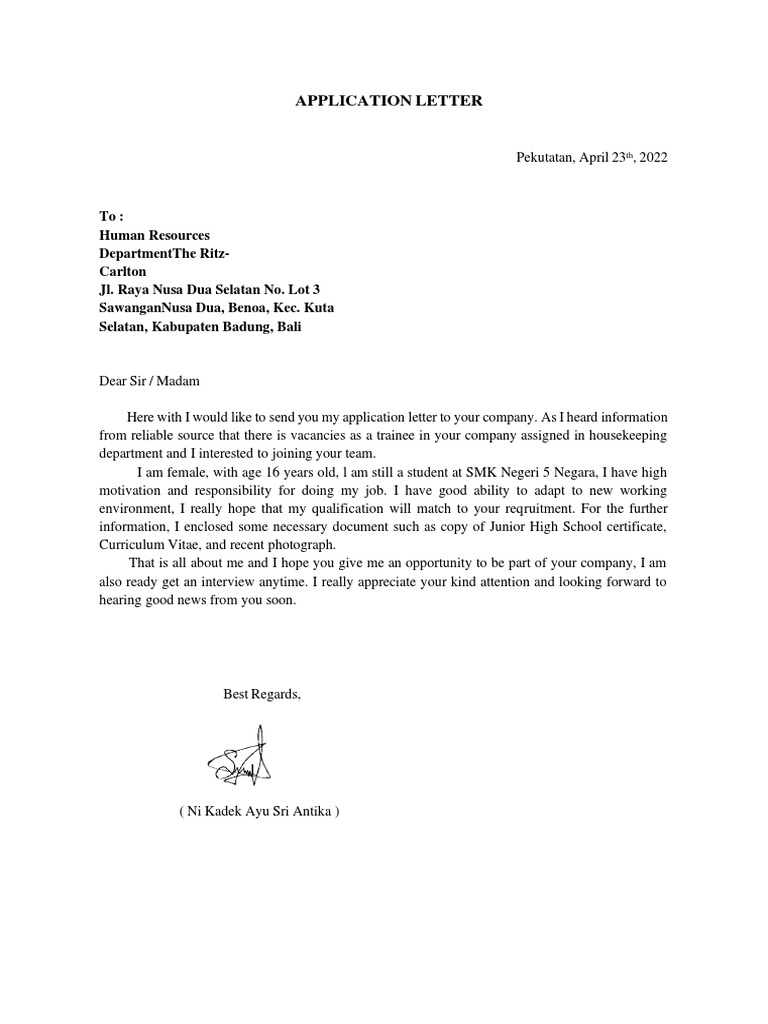 Housekeeping Trainee Application Letter | PDF | Career & Growth | Business