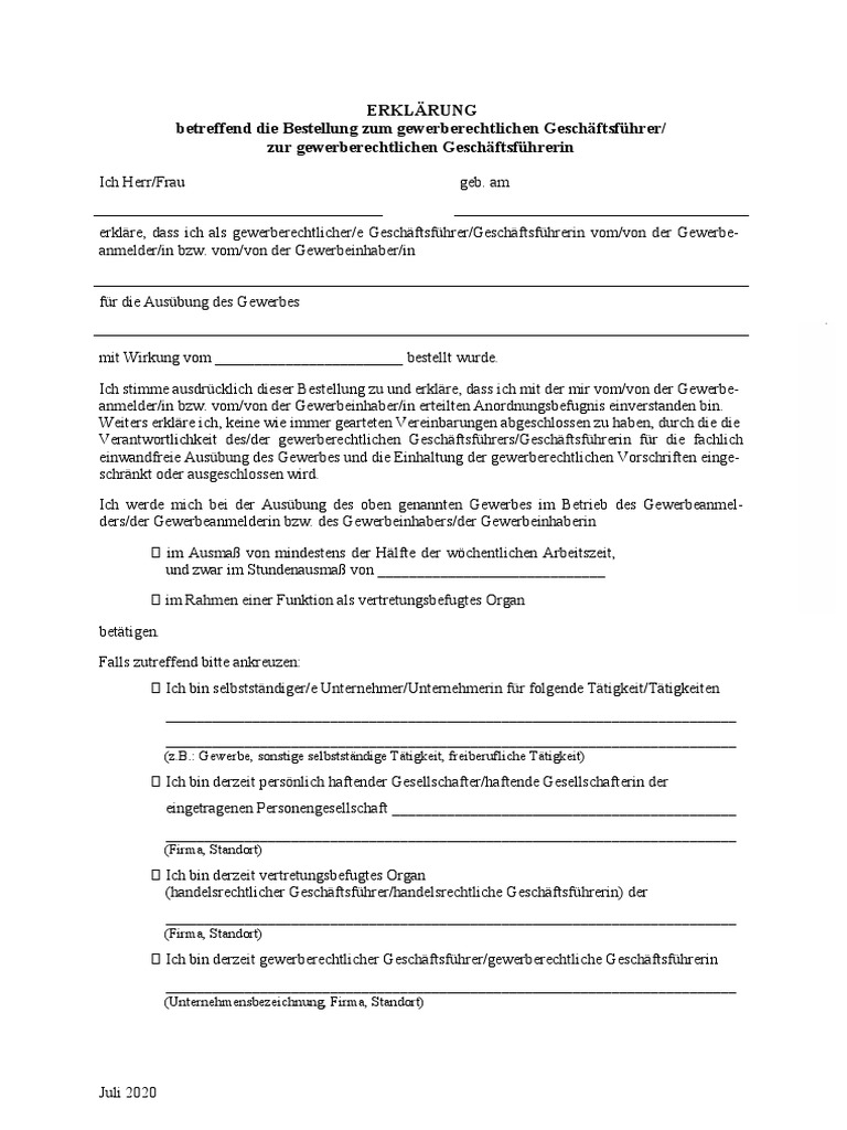 Erklaerung Fuer Gewerberechtliche Geschaeftsfuehrer Gemaess | PDF