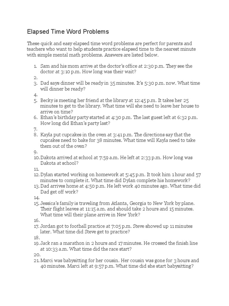 Elapsed Time Word Problems PDF