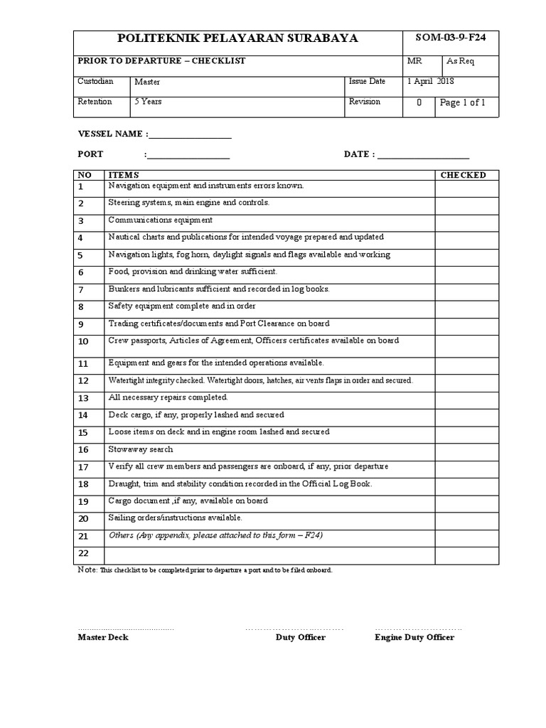 24 Prior To Departure - Checklist | PDF | Ships | Water Transport
