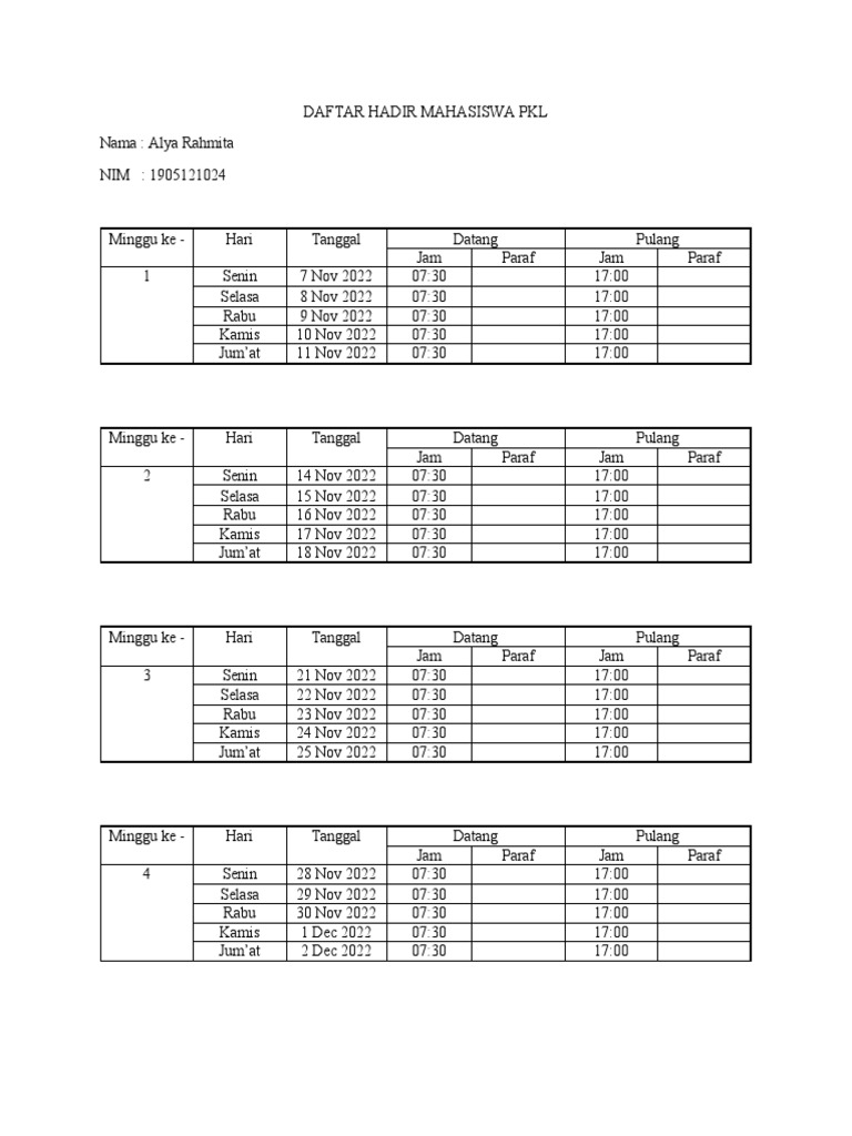 Daftar Hadir Mahasiswa PKL | PDF