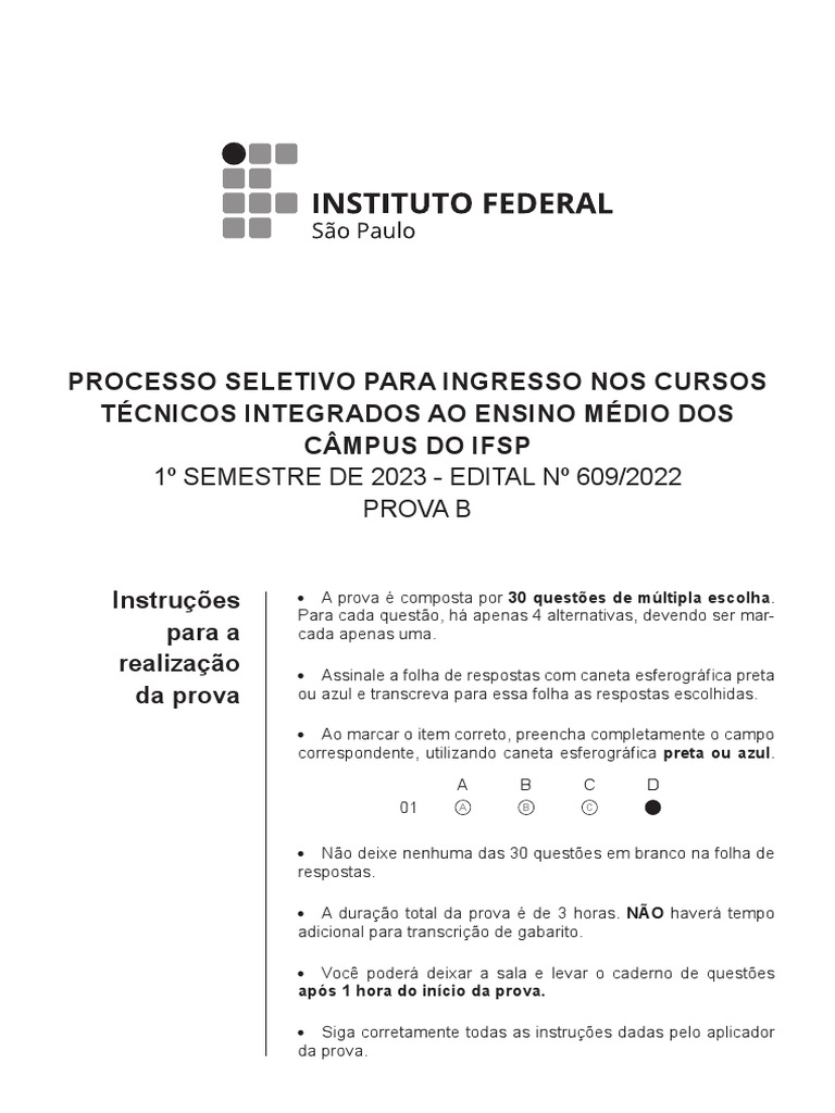 Prova IFSP 2023 - Edital 609/2022 | PDF | Número racional | Science