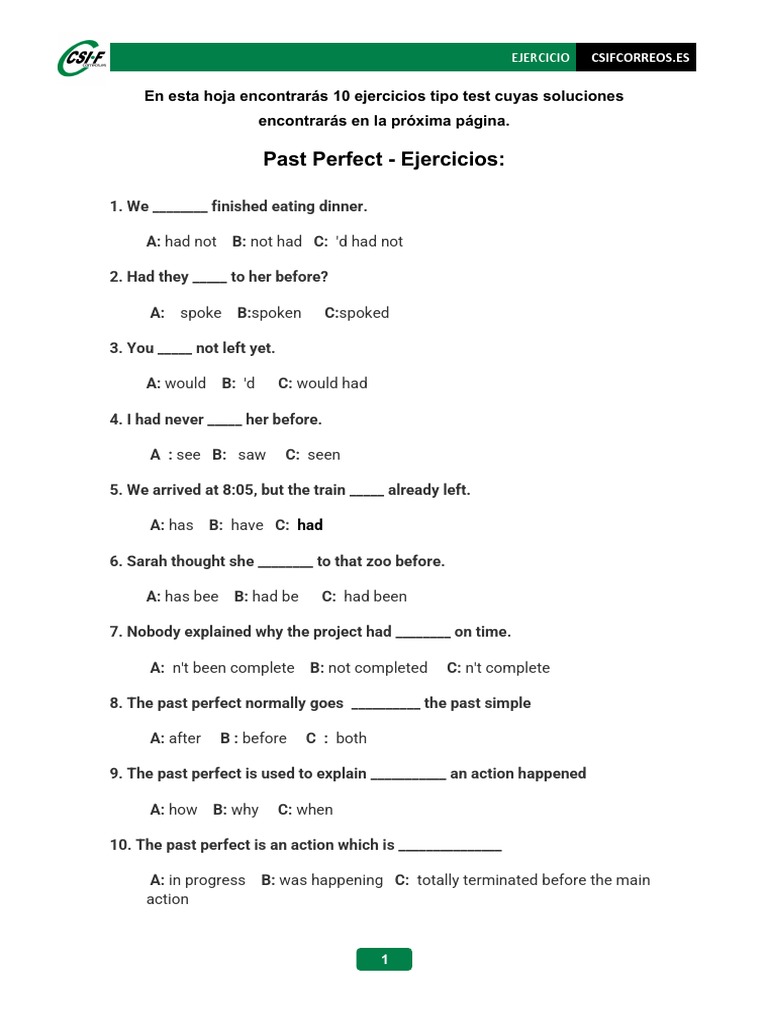 Ejercicios de Pasado Perfecto | PDF | Language Arts & Discipline ...