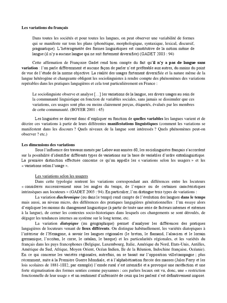 Variations linguistiques du français | PDF | Sociolinguistique | la ...
