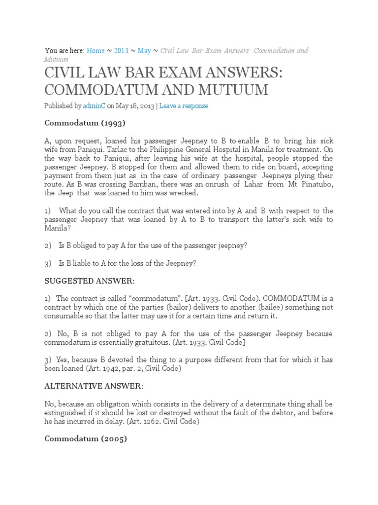 Civil Law Bar Exam Answers Commodatum and Mutuum You Are Here PDF