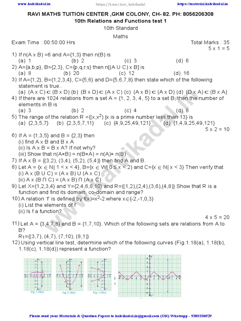 10th Maths Relations and Functions Tests | PDF | Function (Mathematics ...