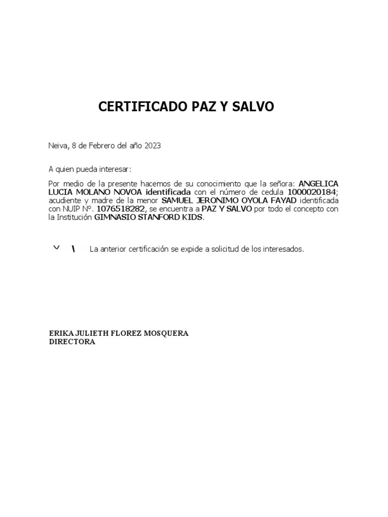 Certificado Paz y Salvo Gimnasio Stanford | PDF