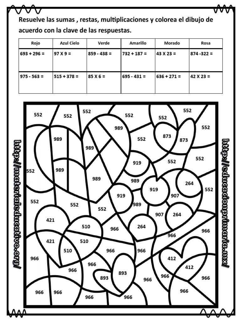 Resuelve las sumas restas multiplicaciones y colorea el dibujo de