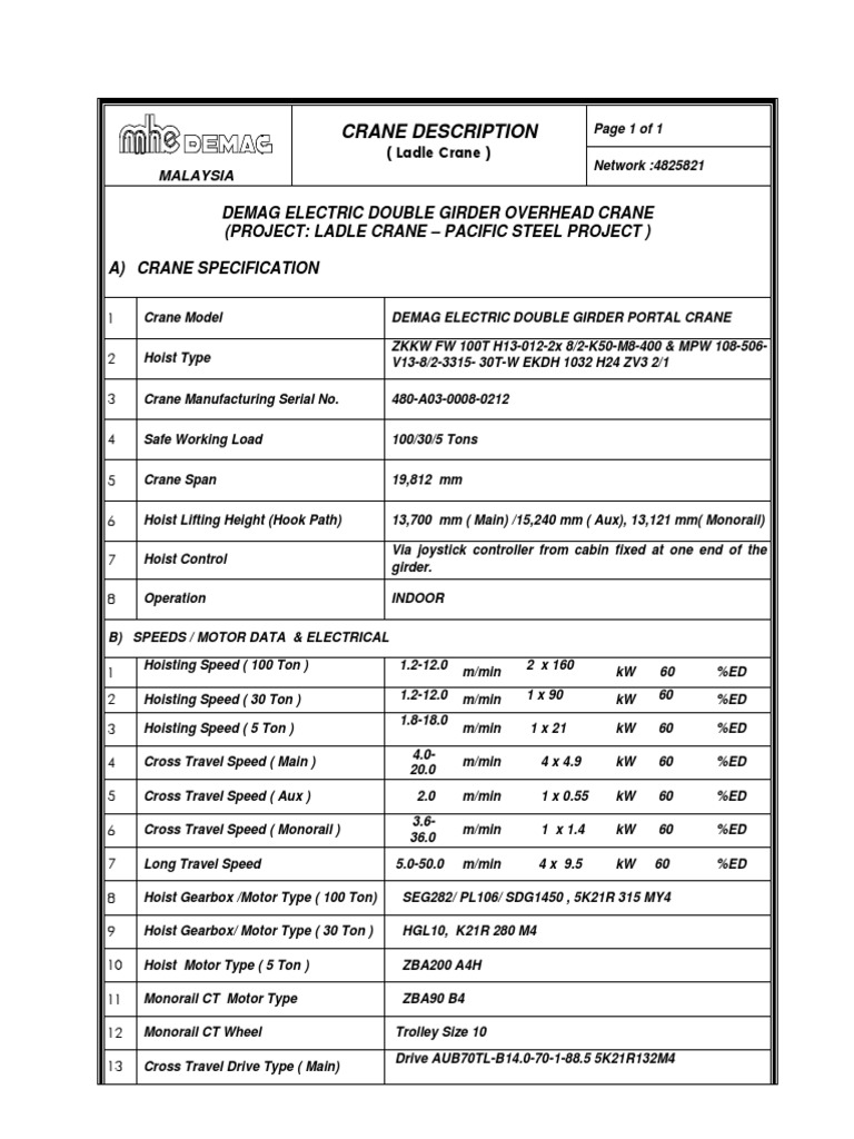 1.4) Crane Description | PDF | Crane (Machine) | Electric Power