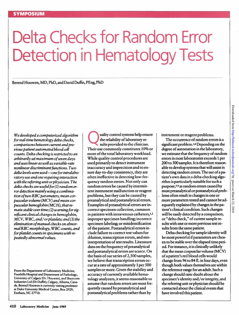 Delta Checks For Random Error Detection in Hematology Tests PDF Medical Laboratory