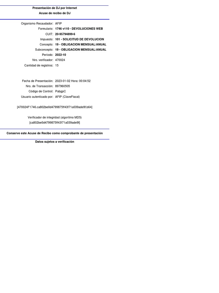 Acuse de Recibo DJ AFIP 2022-10 | PDF | Negocios | Informática