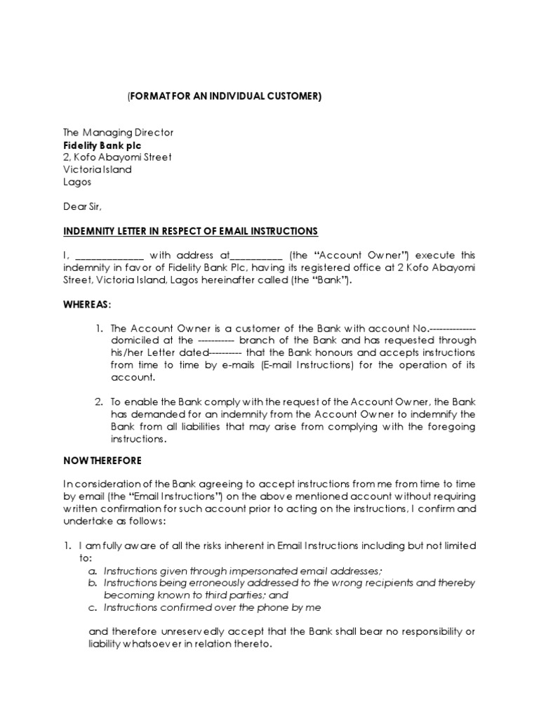 Indemnity Letter for Email Instructions PDF Indemnity Business Law