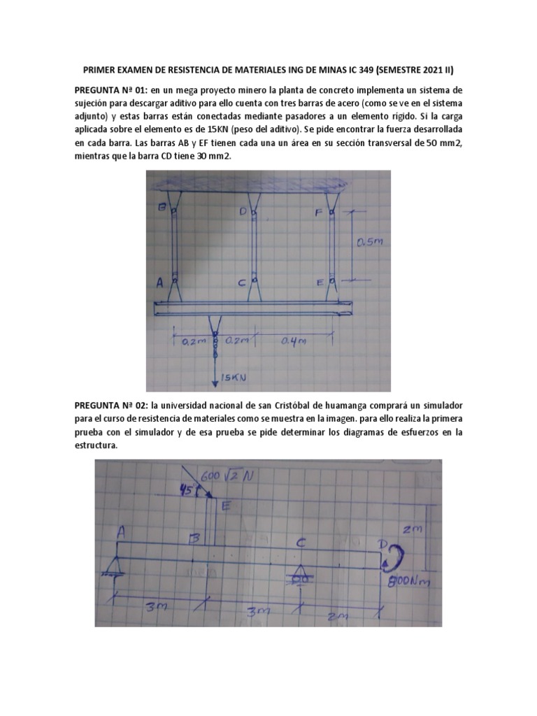 Primer Examen de Resistencia de Materiales Ing de Minas Ic 349 | PDF