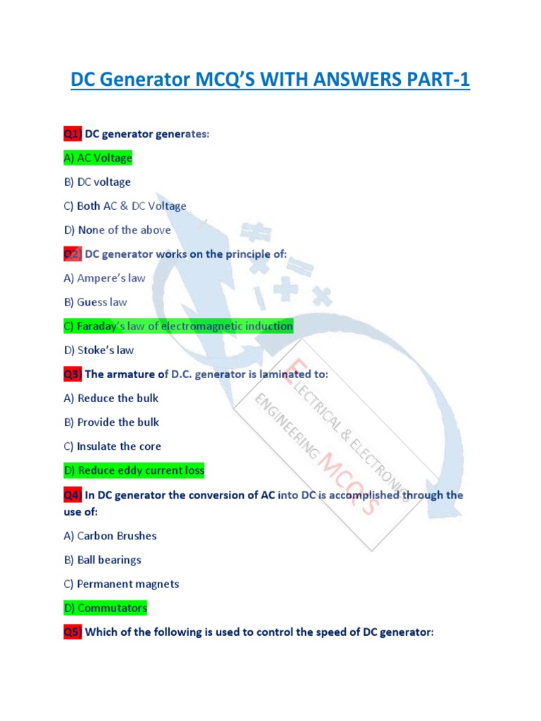 DC Generator MCQ P1 Watermark PDF Electric Generator Components