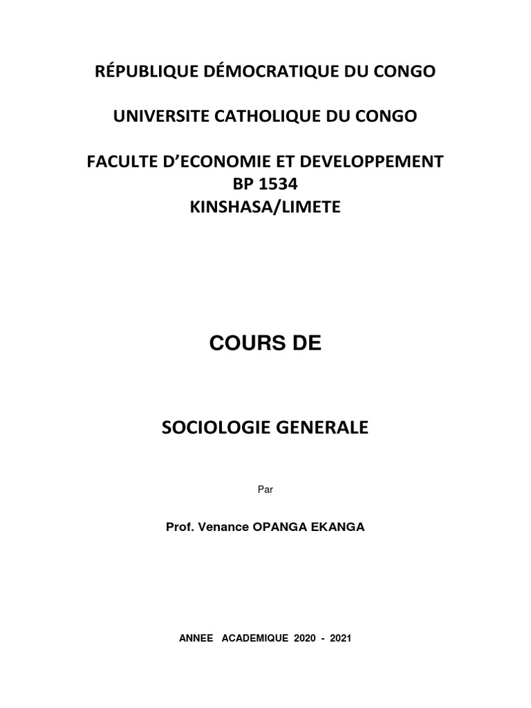 Cours de - Sociologie Generale (l1 - LMD - Fed - 2020 - Prof Opanga ...