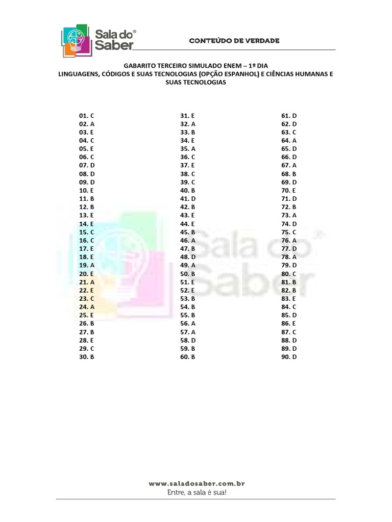 Gabarito Simulado ENEM: Linguagens e Ciências | PDF
