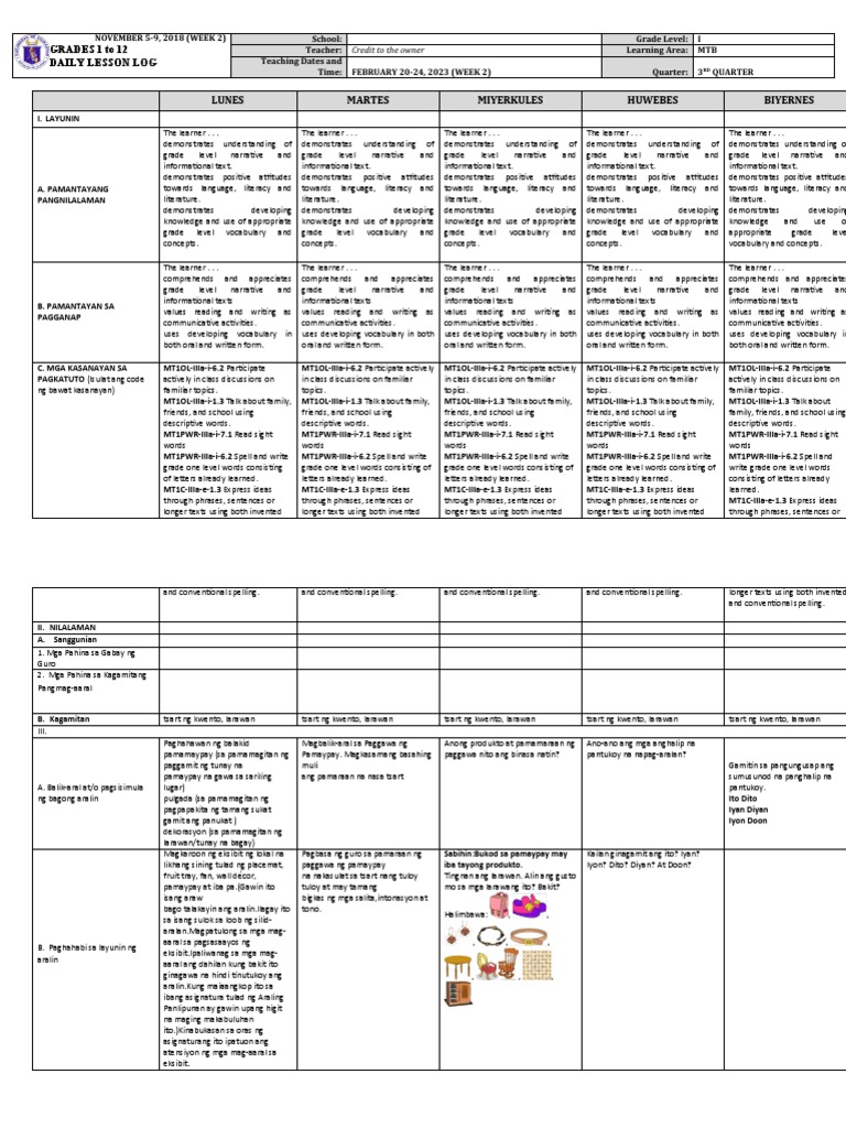 Daily Lesson Log for MTB Grades 1-12 | PDF | Learning | Vocabulary
