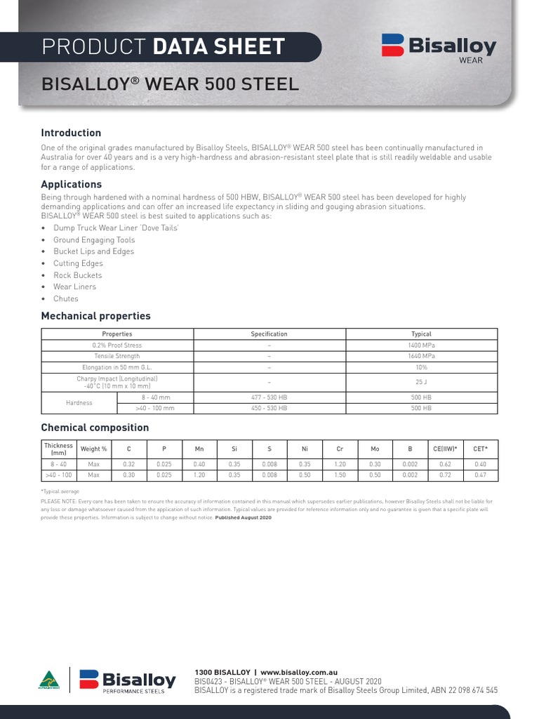 Data Sheet BISALLOY 500STEEL Download Free PDF Steel Wear