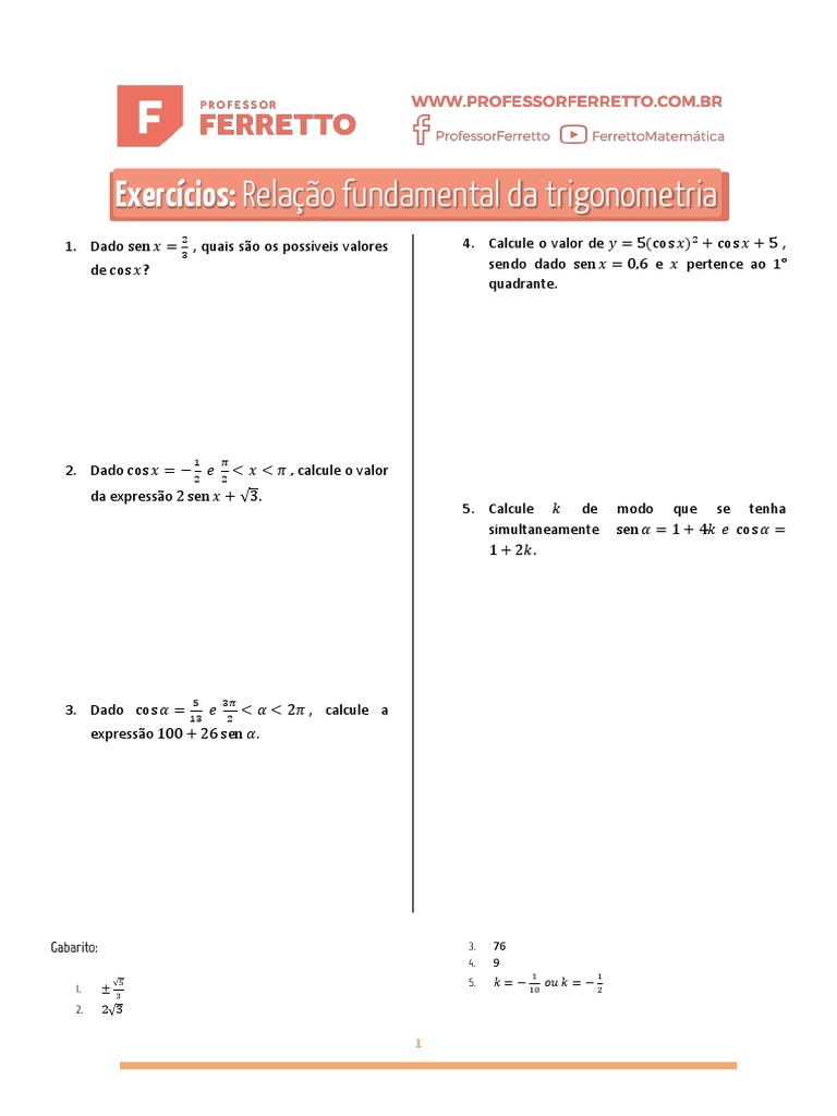 Exercícios sobre Relação Fundamental da Trigonometria | PDF