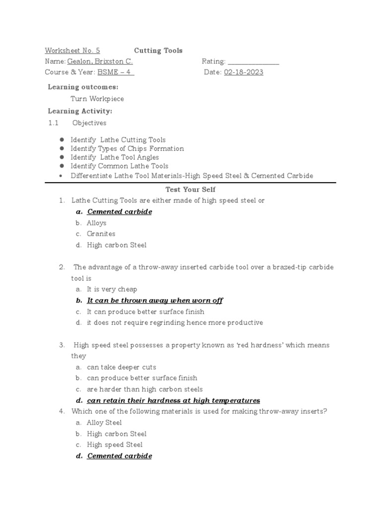 Lathe Cutting Tools Worksheet | PDF | Steel | Materials