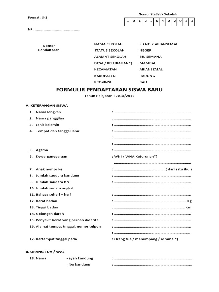 Formulir Pendaftaran Siswa Baru Kelas 1 Pdf