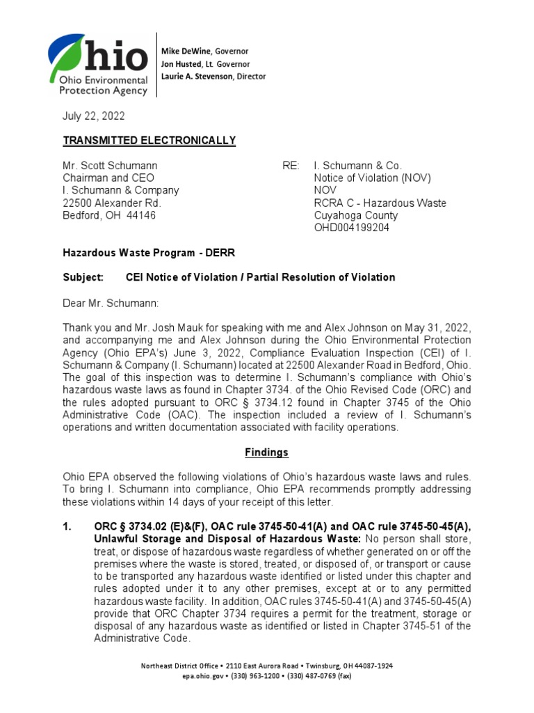 July 2022 Ohio EPA Violation Notice Download Free PDF Waste Hazardous Waste