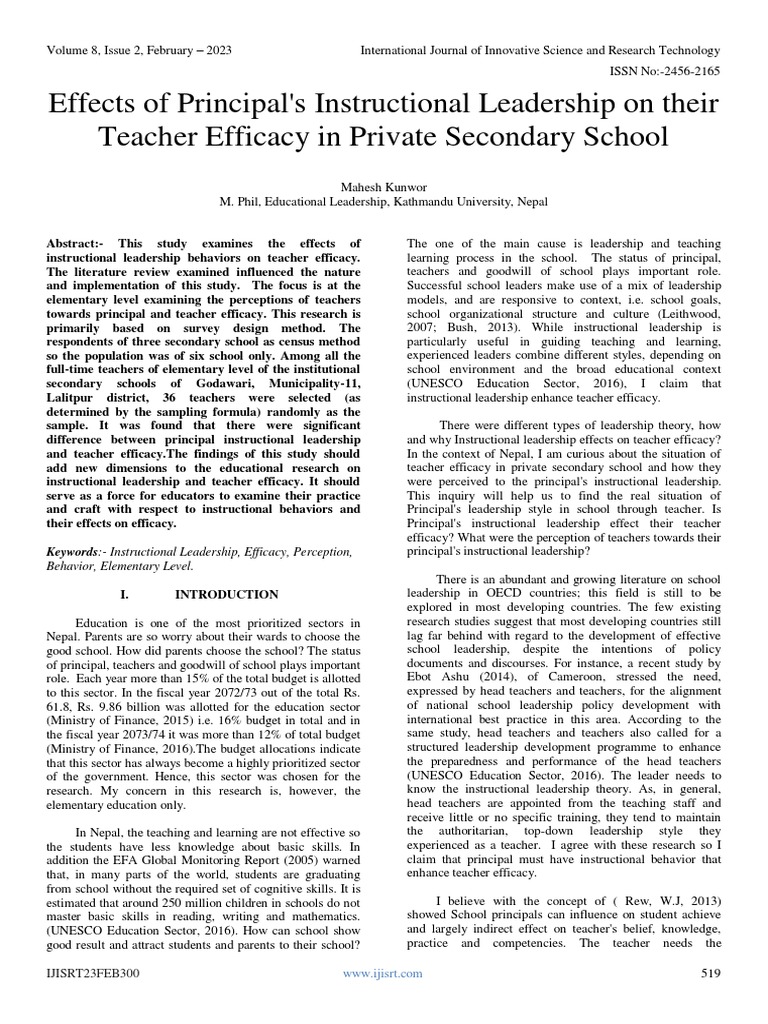 Principal Leadership and Teacher Efficacy | PDF | Self Efficacy ...