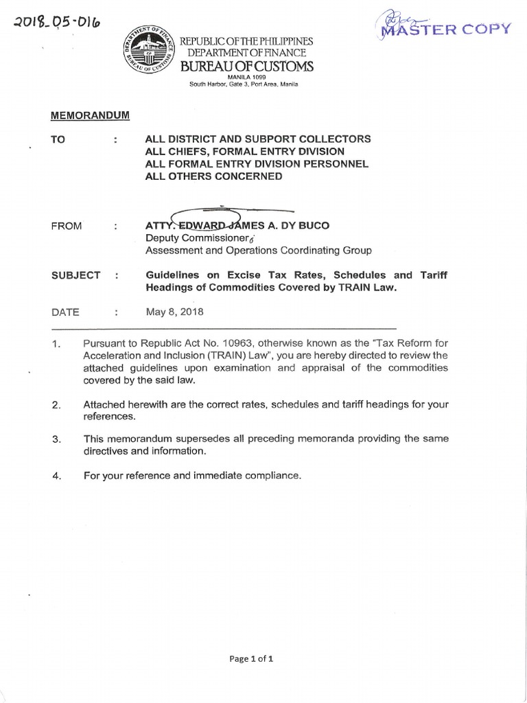 Mem-2018-05-016 Guidelines On Excise Tax Rates Schedules | PDF