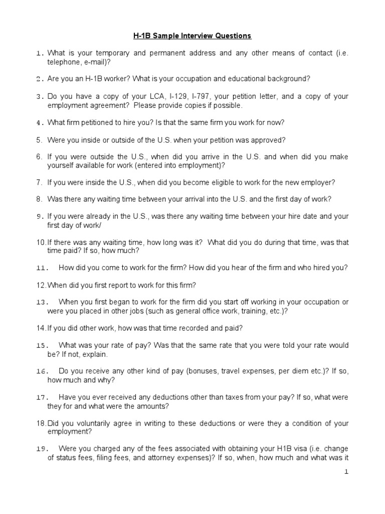 H1B Interview Checklist PDF H 1 B Visa Labor