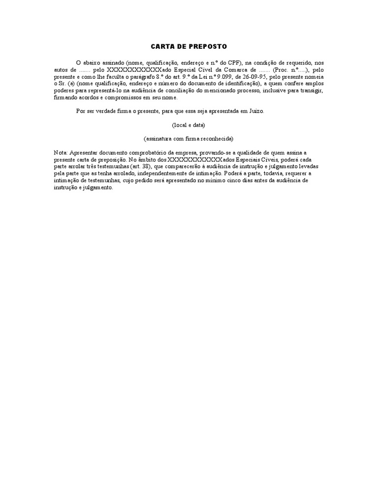 Carta de preposição para representação em audiência de conciliação em