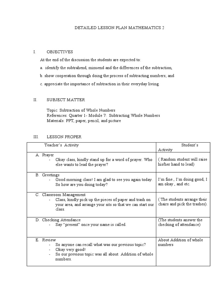 Detailed Lesson Plan Mathematics 2 1 | PDF | Subtraction | Mathematics