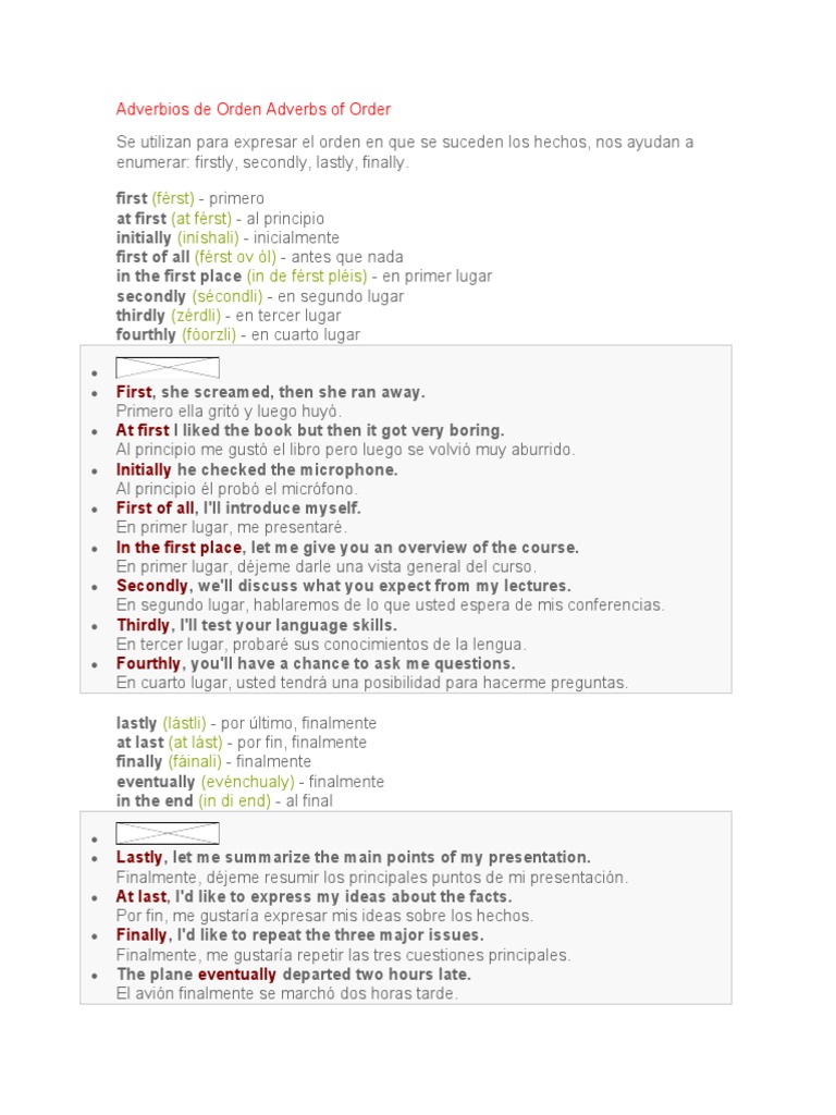 Adverbios de Orden Adverbs of Order | PDF