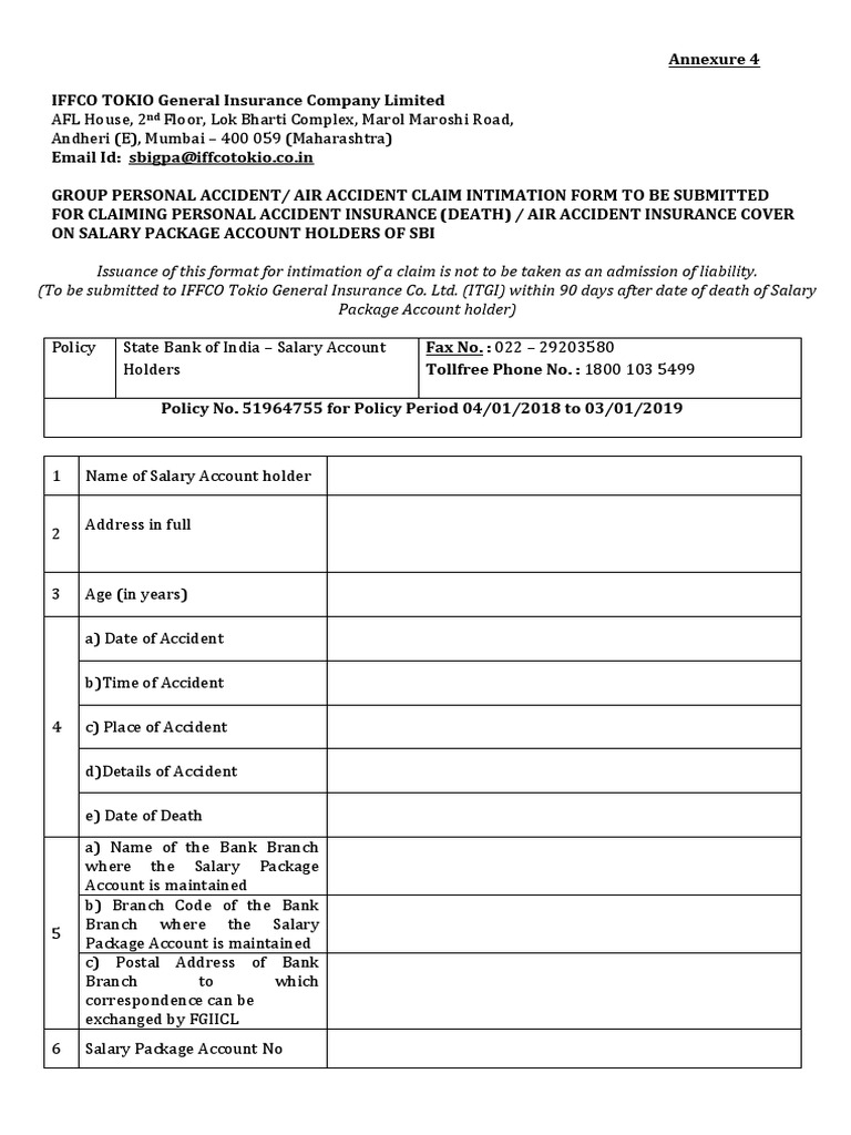 Claim Intimation Form 2018 PDF