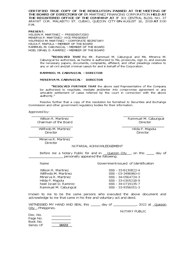Board Resolution of ER Martinez Financing | PDF | Notary Public ...
