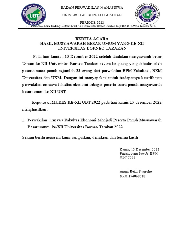 Berita Acara Mubes XII UBT 2022 | PDF | Griya & Taman