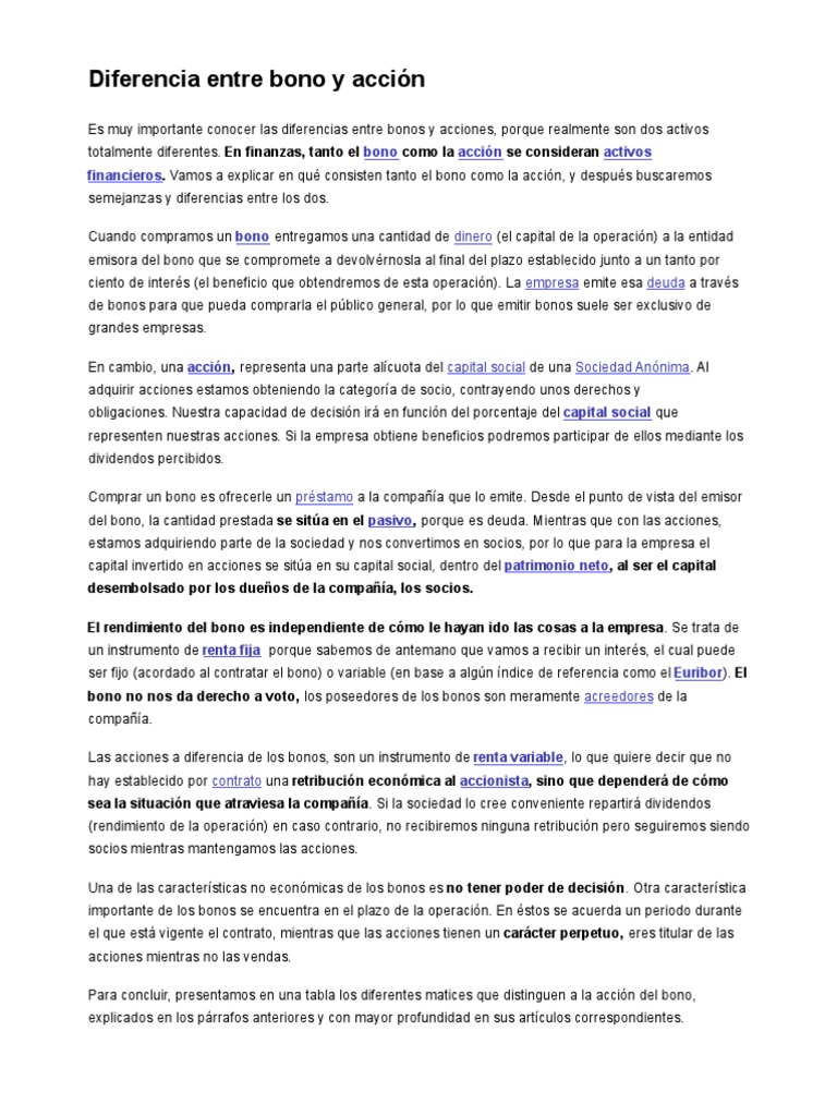 Diferencia Entre Acciones y Bonos PDF Compartir (Finanzas) Dividendo