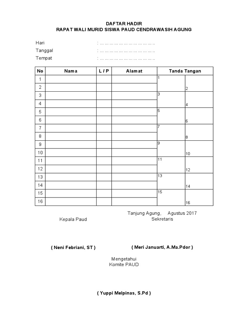 Daftar Hadir Rapat PAUD dan Musyawarah | PDF