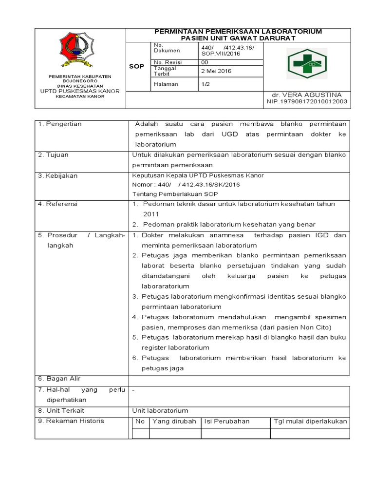 SOP Permintaan Lab UGD Kanor | PDF