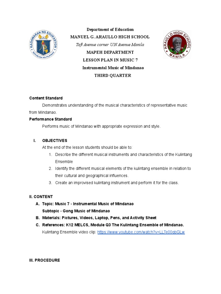 Music 7 Lesson Plan: Mindanao Instruments | PDF | Behavior Modification ...